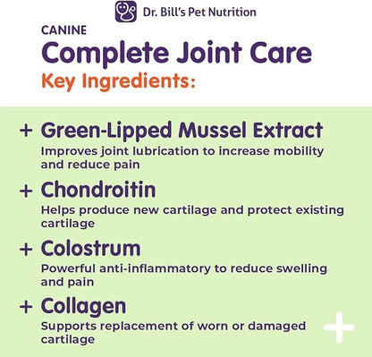 Dr. Bill’s Canine Complete Joint Care – Hip & Joint Supplement for Dogs for Mobility, Muscle Support & Inflammation Relief – Green Lipped Mussel, Chondroitin, Collagen, Omega-3 – Powder, 340g