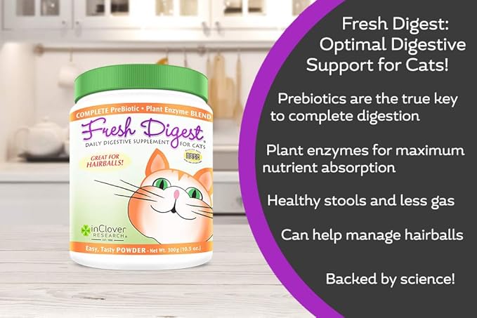 Fresh Digest Daily Digestive Aid and Immune Support Supplement for Cats, Natural Prebiotic and Enzyme Powder for Healthy Stools, Hairball Control, Stop Litterbox Odor, Works Fast 100g/3.5oz