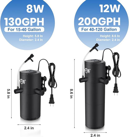 Aquarium Filter for 15-40 Gallon Tank, Submersible Fish Tank Filters with Wave-Maker Oxygenation Circulation, Adjustable Air Flow Filter for Freshwater & Saltwater (8W)