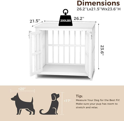 26 Inch Heavy Duty Wooden Dog Kennel End Table with Double Door Design and Secure Locks, Indoor Pet Crate Furniture for Small Dogs, Decorative Home Cage Design,White