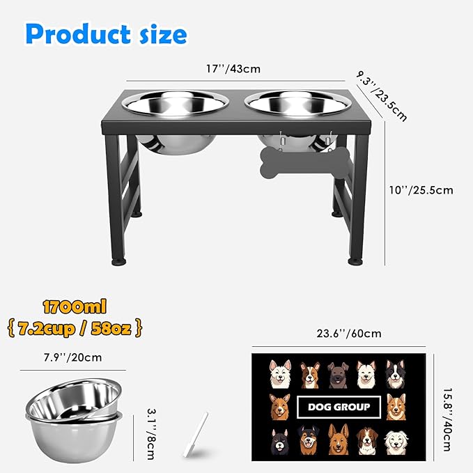 Elevated Dog Bowls, 10" Tall Height, Raised Bowl Stand with 2 Stainless Steel Food Feeder Bowls (58oz) and Spill-Proof Mat for Medium Large and Small Breeds
