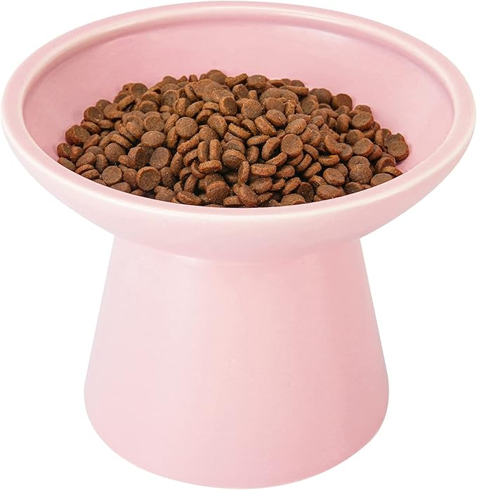 Extra Wide Elevated Ceramic Cat Food Bowl - 6.2" Shallow Dish for Whisker Fatigue Relief, 5" Height for Easy Feeding, Lead & Cadmium Free, Durable Raised Cat Food Bowls, Pink