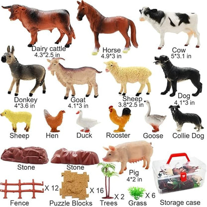 Farm Animal Figurines, Realistic Plastic Animals Toys with Fences Building Blocks, Farm Figures Playset Educational Birthday Gift for Kids & Toddlers, 53 PCS