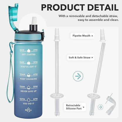 Enerbone Water Bottle, Leakproof BPA & Toxic Free, Motivational Water Bottle with Times to Drink and Straw, Fitness Sports Water Bottle with Strap for Office, Gym, Outdoor Sports