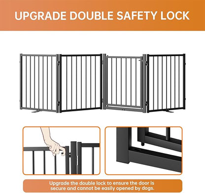 Full Metal Freestanding Dog Gate with Door, 24'' Height Foldable Pet Dog Fence for Indoor & Outdoor, 4 Panels Extra Wide Free Standing SmallDog Gates for Doorways,House,Stairs,Porch,Deck,Yard