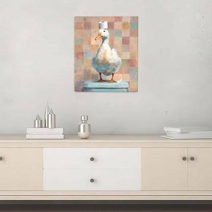 Funny Duck Bathroom Wall Art Cute Duck on Toilet Canvas Wall Decor Funny Quirky Farm Animal Pictures Painting Print Framed Artwork Decorations Gifts for Bathroom 20"x24"