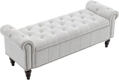 58’’ Storage Bench for Bedroom, Upholstered Button-Tufted Ottoman with Solid Wood Legs, Queen Size End of Bed Shoe Cabinet, Window Seat Foot Rest Stool for Entryway, Living Room (Silver)