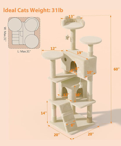 60'' Cat Tree Tower for Indoor Cats Large Adult,Cute/Tall Modern Cat Tree for Big Cats 20 lbs, Plush Multi-Level Cat Condo with Scratching Posts, Dangling Ball Indoor (Beige, 60 inch)