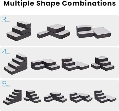 3-Step Adjustable Dog Stairs for Sofa and Couch, Dog Steps for Small Dogs and Cats, Foldable Pet Stairs for Low Bed Climbing, Non-Slip Pet Step Indoor, Grey