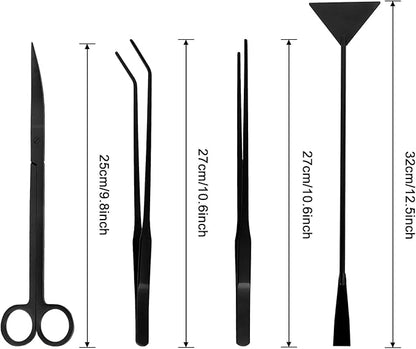 Aquarium Aquascaping Tool Stainless Steel Aquascape Tools Kit 4 in 1 Anti-Rust Fish Tank Starter Kit with Tweezers Scissors Spatula for Aquarium Plants (Black)