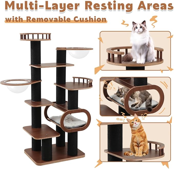 70.9'' Black Cat Tree for Indoor Cats Large Adult, Heavy Duty Cat Tower with Scratching Post, Modern Kitty Tree with Removable Mats, Semi-closed Condo and Transparent Bowl, Wooden Luxury Cat Furniture