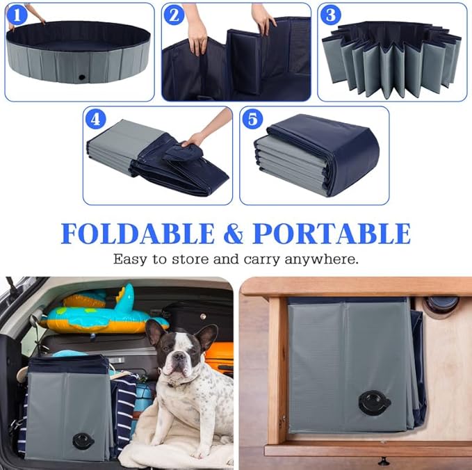 Foldable Dog Bath Swimming Pool 71'' Plastic Kiddie Pool Professional Tub Collapsible Grooming Bathtub for Pets Kids Baby and Toddler, 71 x 12 Inches Gray