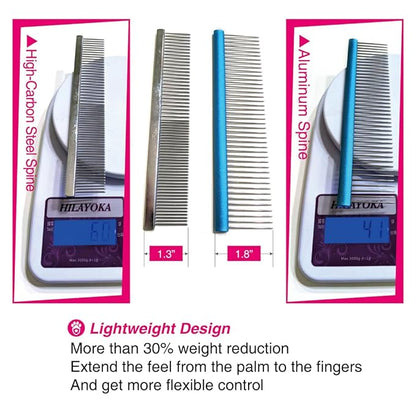 7.5" Greyhound Oval Grooming Comb – Blue Aluminum Spine, Stainless Steel Teeth Comb for Long-Haired Dogs & Cats, Removes Mats, Tangles, and Loose Fur – Lightweight for Long Time Deshedding