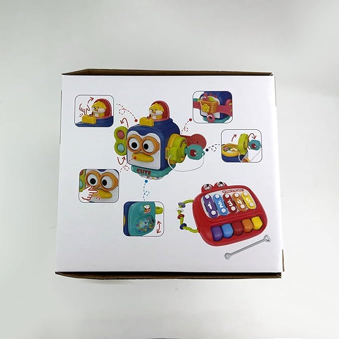 4 in 1 Baby Toys for 6 12 18 Month, Learning Toys for Babies 6-12 Months, Busy Cube, Stacking Sorter, Piano Xylophone Pull String Travel Toy, Birthday Gifts for Toddlers 1 2 Years Old