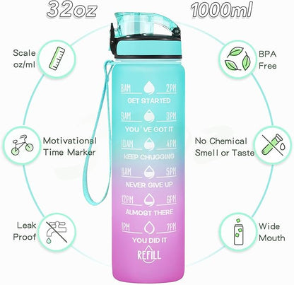 Enerbone Water Bottle, Leakproof BPA & Toxic Free, Motivational Water Bottle with Times to Drink and Straw, Fitness Sports Water Bottle with Strap for Office, Gym, Outdoor Sports