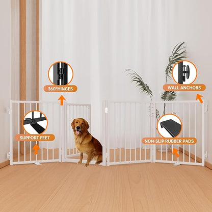 Full Metal Freestanding Dog Gate with Door, 24'' Height Foldable Pet Dog Fence for Indoor & Outdoor, 4 Panels Extra Wide Free Standing SmallDog Gates for Doorways,House,Stairs,Porch,Deck,Yard