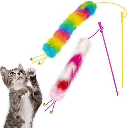 2 Pack Cat Wand Toy, Rainbow Cat Feather Toys with Bells, Teaser Wand with Soft Furry Tail, Interactive Toys for Indoor Cats & Kitten & Kitty