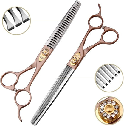 Fenice Peak 8‘’ Professional Dog Grooming Scissors Set Rose Gold 440C Stainless Steel Straight Thinning Curved Chunker Shears 4pcs Set for Pet Grooming Services Dogs and Cats