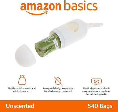 Amazon Basics Dog Poop Bags with Dispenser, 540 Count, Enhanced for Guaranteed Leakproof, Unscented, Includes Leash Clip