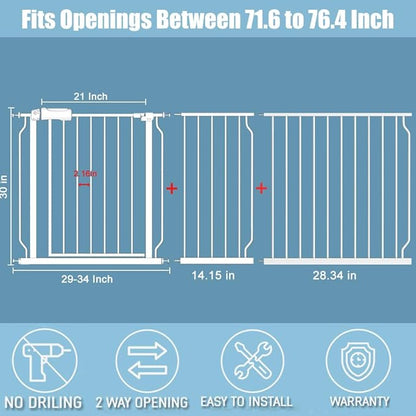 Extra Wide Baby Gates 71.5-76.3 Inch White Pressure Mounted Baby Gate Indoor Safety Gates Pressure Mounted Child Gate for Stairs Doorways Hallways