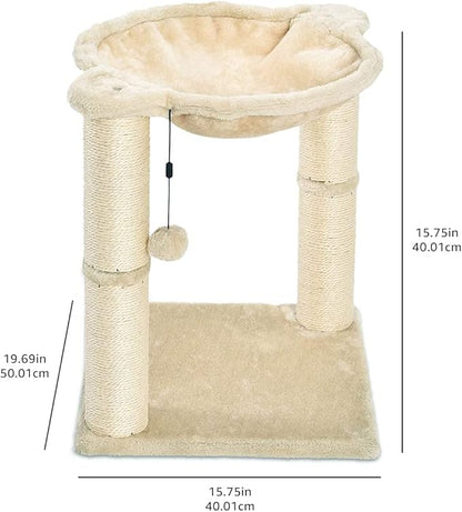 Amazon Basics Cat Condo Tower with Hammock Bed and Scratching Post,Easy to Assemble,Plush Hammock,Interactive Hanging Ball,Durable Sisal Scratch Posts for Indoor Cats, 15.8 x 15.8 x 19.7 Inches, Beige