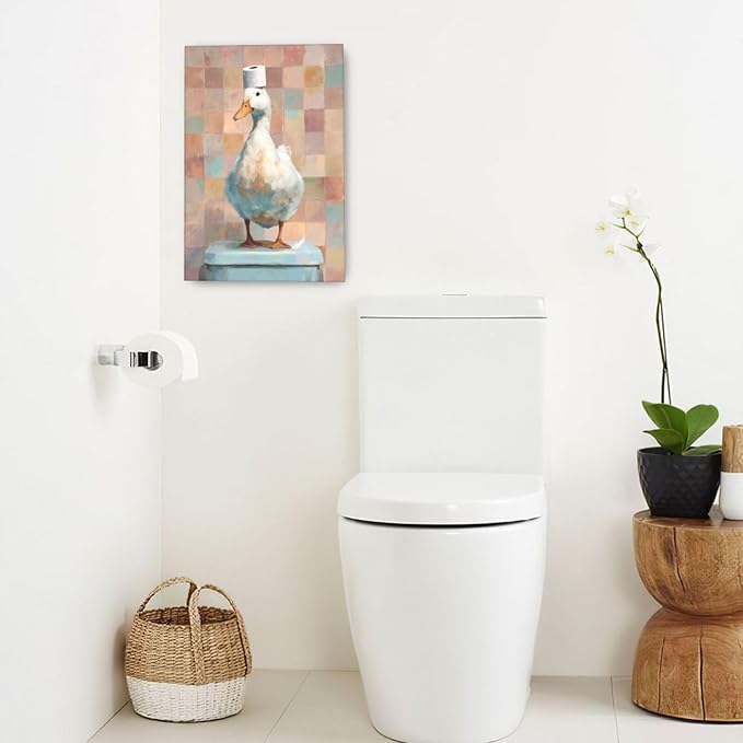 Funny Duck Bathroom Wall Art Cute Duck on Toilet Canvas Wall Decor Funny Quirky Farm Animal Pictures Painting Print Framed Artwork Decorations Gifts for Bathroom 16"x24"