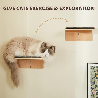2 Set Cat Wall Steps - Wooden Cat Climbing Shelf for Wall - Cats Wall Stairs with Scratching Mat - Wall Mounted Cats Furniture for Jumping, Playing, and Lounging