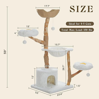 59" Modern Cat Tree Tower for Large Cats w/2 Flower Perches-Natural Solid Wood Scratching Post with Real Branch-Luxury Boho Cat Furniture w/Condo & Wicker Basket Bed, Cloud White