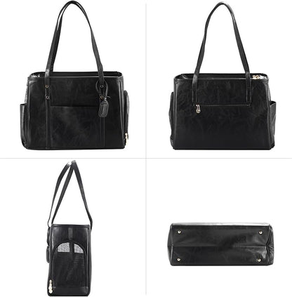 Fashion Dog Carrier Purse, Premium Leather Cat Carrier Bag, Airline Approved Soft Sided Pet Travel Tote Bag with Pockets Black