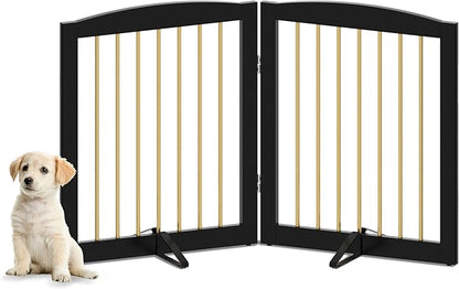 Freestanding Pet Gate for Dogs, Foldable Wooden Dog Gate for House, Stairs, Doorways, Step Over Pet Puppy Safety Fence,Support Feet Included,24" Height 2 Panels, Black&Gold