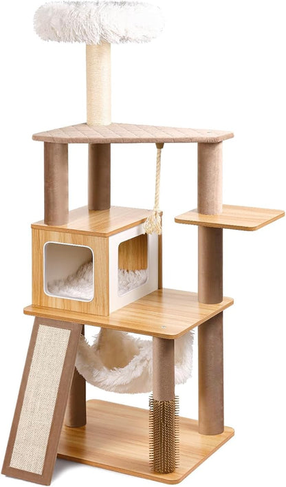 61" Wooden Cat Tree Tower for Indoor Cats, Luxury Modern Wooden Tower with XL Plush Lounge, Hammock & Scratching Posts for Maine Coon 20 lbs