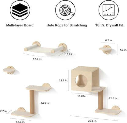 FUKUMARU Cat Wall Shelves, 5-Piece Stable Wooden Wall-Mounted Furniture Set, Kitty Climber with Hammock, House, Steps, Scratching Post (Beige)