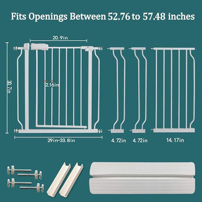 ALLAIBB Extra Wide Pressure Mounted Baby Gate Walk Through Child Kids Safety Toddler Tension White Long Large Pet Dog Gates with Extension for doorways Kitchen (52.76-57.48"/134-146cm)