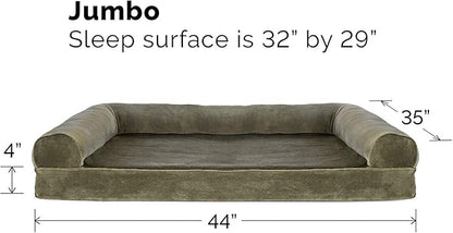 Furhaven Cooling Gel Dog Bed for Large Dogs w/ Removable Bolsters & Washable Cover, For Dogs Up to 95 lbs - Faux Fur & Velvet Sofa - Dark Sage, Jumbo/XL