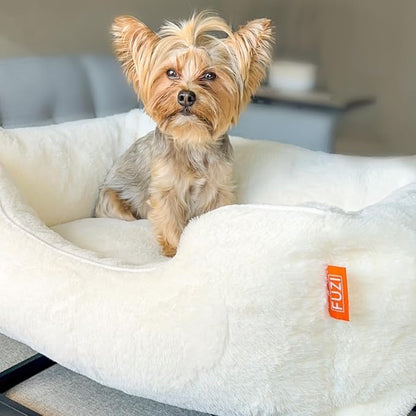 FUZI Luxury Aesthetic Dog Bed for Small Dogs with Washable Cover, Pet Couch, Pet Bed with Sides, Non-Slip Bottom, Soft and Durable Calming Dog Bed, Faux Rabbit Fur, Small 25.1x16.75x9.5 Soft White