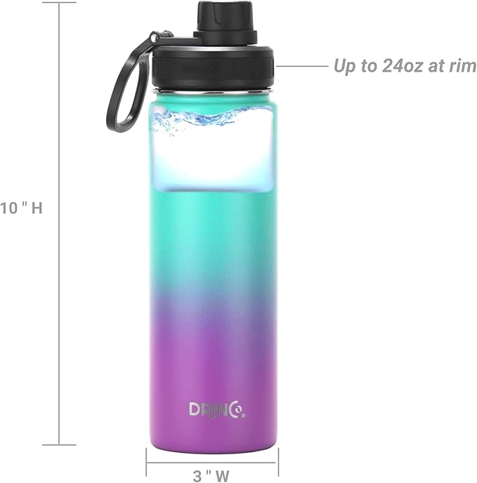 DRINCO Stainless Steel Water Bottle Spout Lid Vacuum Insulated Double Wall Water Bottle Wide Mouth (40oz 32oz 22oz 18oz 14oz) Leak Proof Keeps Cold or Hot (22 oz, 22oz Ombre Fuschia Teal)