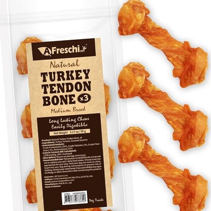 Afreschi Turkey Tendon Bone (M) 3.17 oz, USA-Sourced Turkey Tendon, All Natural Human Grade Dog Chew, Hypoallergenic, Rawhide Alternative, Dog Treats for Medium Breeds