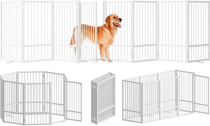 Full Metal Freestanding Dog Gate with Door, 32''Height Foldable Pet Dog Fence for Indoor & Outdoor, 8 Panels Extra Wide Free Standing TallDog Gates for Doorways,House,Stairs,Porch,Deck,Yard