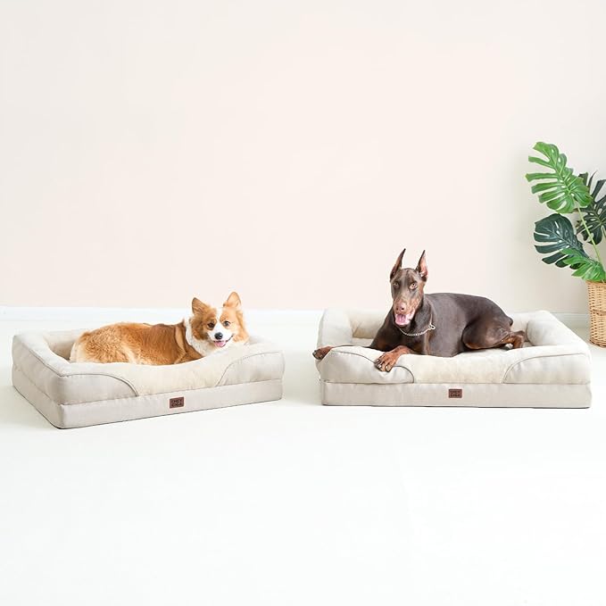 EHEYCIGA Memory Foam Dog Bed for Large Sized, Orthopedic Dog Sofa with Sides and Waterproof Liner, Washable Bolster Pet Couch with Removable Cover, 41x27x7.5 Inch, Beige