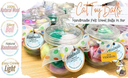 Felt Wool Cat Toys Ball with Catnip and Bell, Natural Handmade cat Toys Ferret Toys cat Gift Basket (Felt Wool Mixed in Jar)