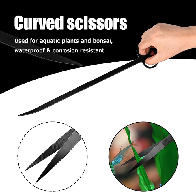 15Inch Extra Long Design Aquarium Aquascaping Tool Stainless Steel Aquascape Tools Kit 4 in 1 Anti-Rust Fish Tank Starter Kit with Long Tweezers Scissors Spatula for Aquarium Plants (Black)