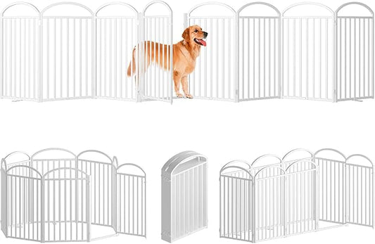 8 Panles Full Matel Freestanding Dog Gates with Door, 192"Extra Wide 36"Tall Free Standing Dog Pet Gate for Indoor & Outdoor. Foldable Pet Fences for Doorways, House, Stairs, Porch, Deck, Yard