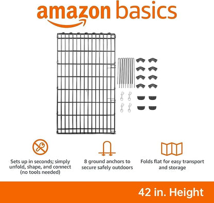 Amazon Basics Foldable Octagonal Metal Exercise Dog Playpen - Indoor/Outdoor, No Door, Large (8 Panels, 24 x 42), Easy to assemble, store, and customize, 42" - Large, Black