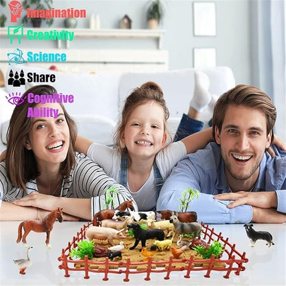 Farm Animal Figurines, Realistic Plastic Animals Toys with Fences Building Blocks, Farm Figures Playset Educational Birthday Gift for Kids & Toddlers, 53 PCS