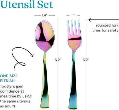 Ahimsa Stainless Steel Kids Utensils - Kids Fork and Spoon Set, Pediatrician Designed Rainbow Silverware Set, 100% BPA Free & Dishwasher Safe (Rainbow)