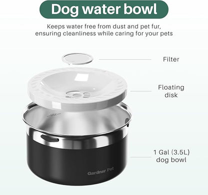 Gardner Pet Dog Bowls 1 Gallon (3.85L) Stainless Steel No Spill Dog Water Bowl, Slow Water Feeder Metal Bowls, Spill Proof Water Dispenser for Large Dogs, Promotes Healthy Hydration(Black)