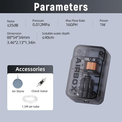 Aquarium Air Pump,Ultra-Quiet/Small Size/More Output Fish Tank Bubbler 1w/16GPH/12Kpa,with Air Stone Bubbler,Single Outlet Suitable for 0-20 Gallon Fish Tank