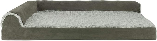 Furhaven Cooling Gel Dog Bed for Large Dogs w/ Removable Bolsters & Washable Cover, For Dogs Up to 95 lbs - Two-Tone Plush Faux Fur & Suede L Shaped Chaise - Dark Sage, Jumbo/XL
