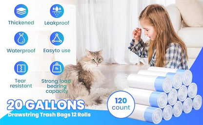 120 Pack Jumbo Cat Litter Bags-3MIL Extra Thick Leakproof Litter Box Liners, 37"x18" Heavy Duty Drawstring Cat Litter Liners for Automatic Litter Box, Odor Control Disposable Kitty Litter Bags 12 Roll