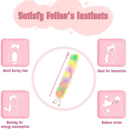 2 Pack Cat Wand Toy, Rainbow Cat Feather Toys with Bells, Teaser Wand with Soft Furry Tail, Interactive Toys for Indoor Cats & Kitten & Kitty